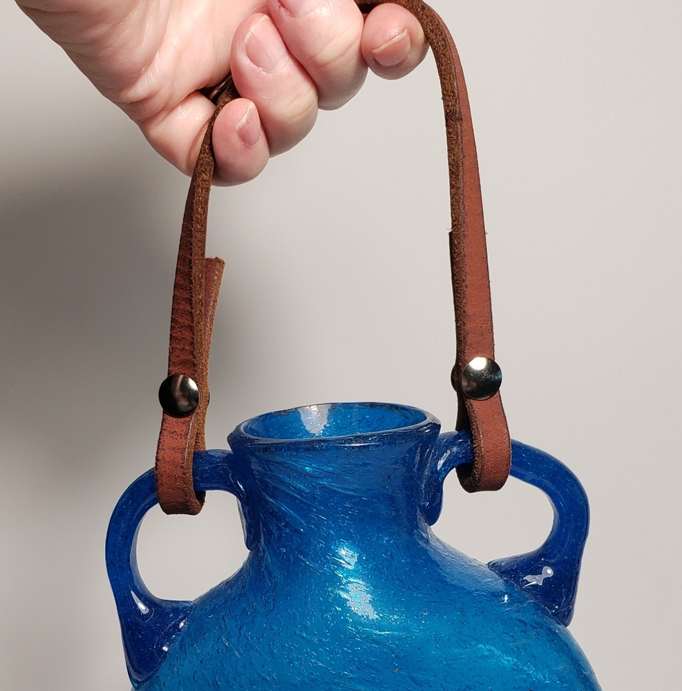 Blue Handblown Glass Artisan Roman Style 2 Handled Hanging Vase Bottle Leather